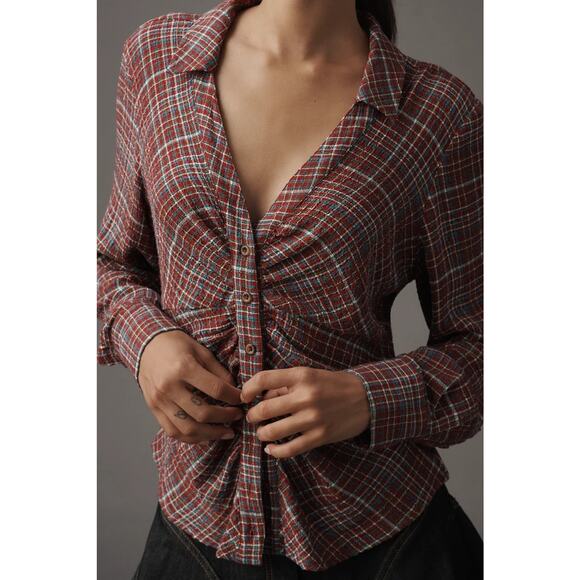 ANTHROPOLOGIE Pilcro Red plaid collared ruched button down long sleeve shirt SML - Picture 1 of 7